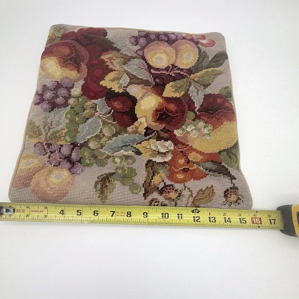 Vintage Needlepoint Pillow Tapestry Throw Pillow Floral Fruit Stitched